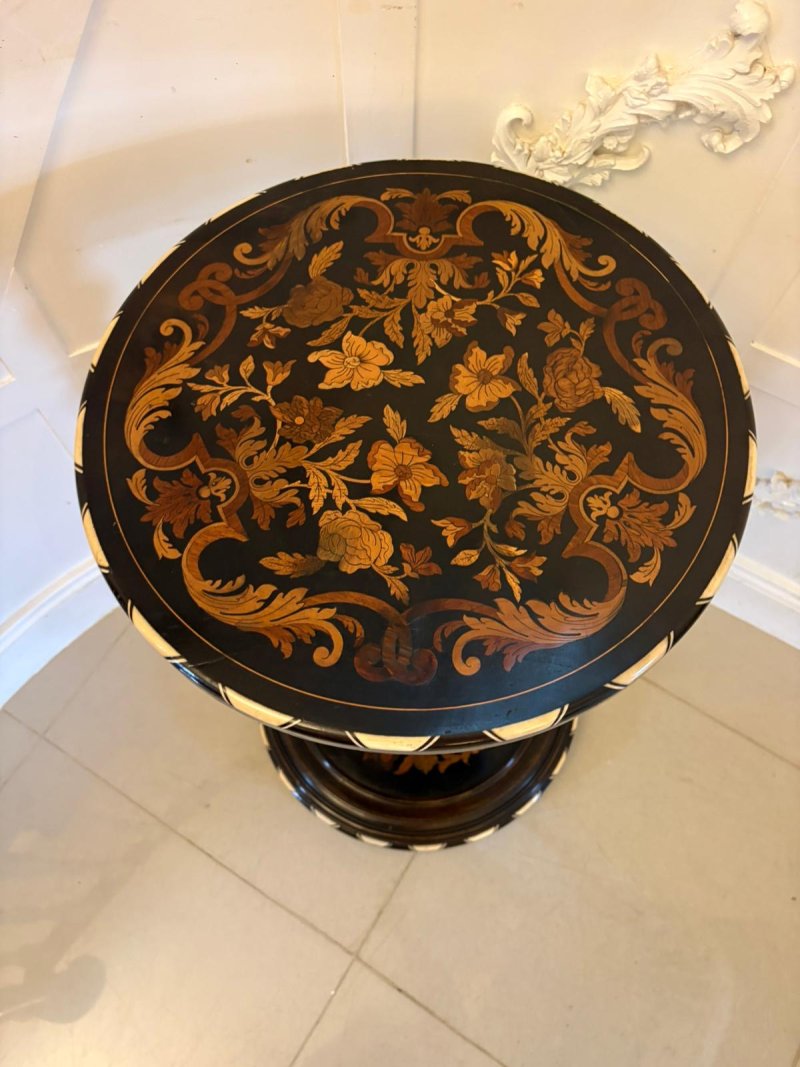 Quality Antique Italian Ebonised and Marquetry Inlaid Pedestal Occasional Centre Table/Plant Stand - Image 11